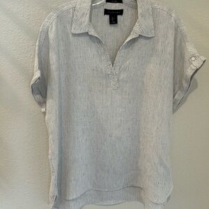 Tahari Women’s 100% Linen V-Neck Short Sleeve Blouse
White/Black Pinstripes